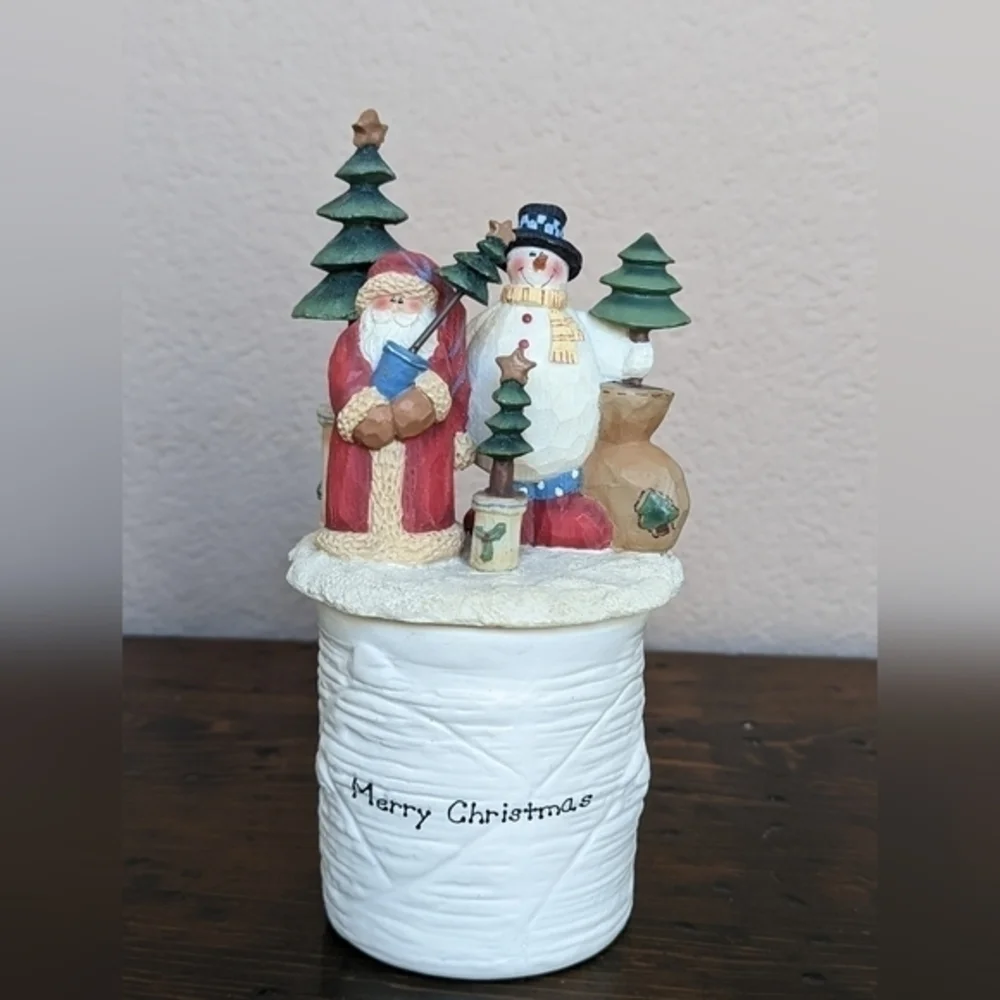VTG Rustic Christmas Candle Holder With Topper Santa‎ And Snowman 7 1/2